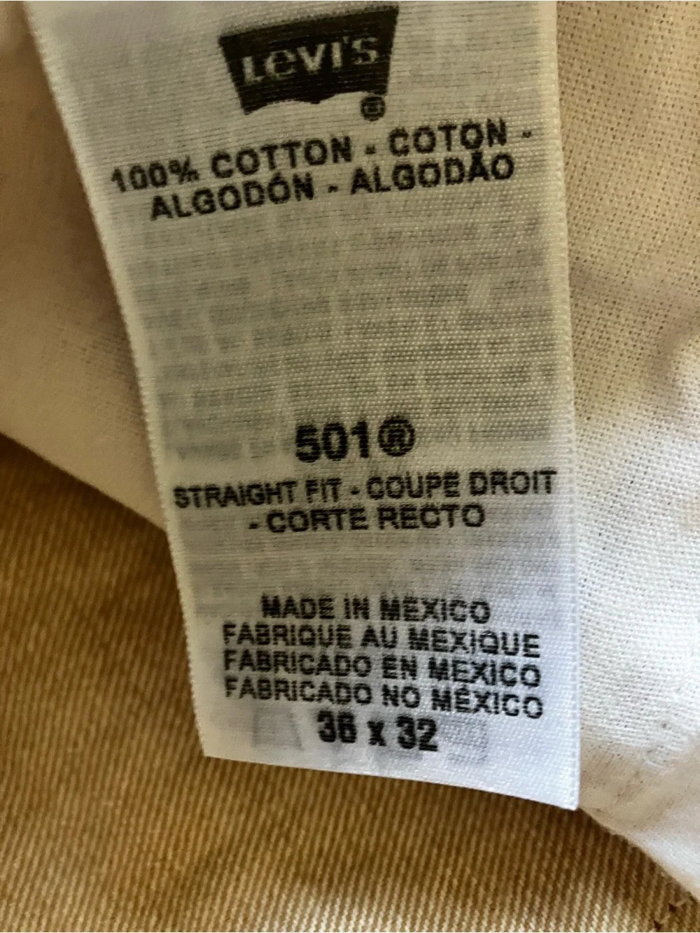 Levi’s 501 Original Button Fly Straight Leg Jeans 36x32 Tan Khaki Canvas